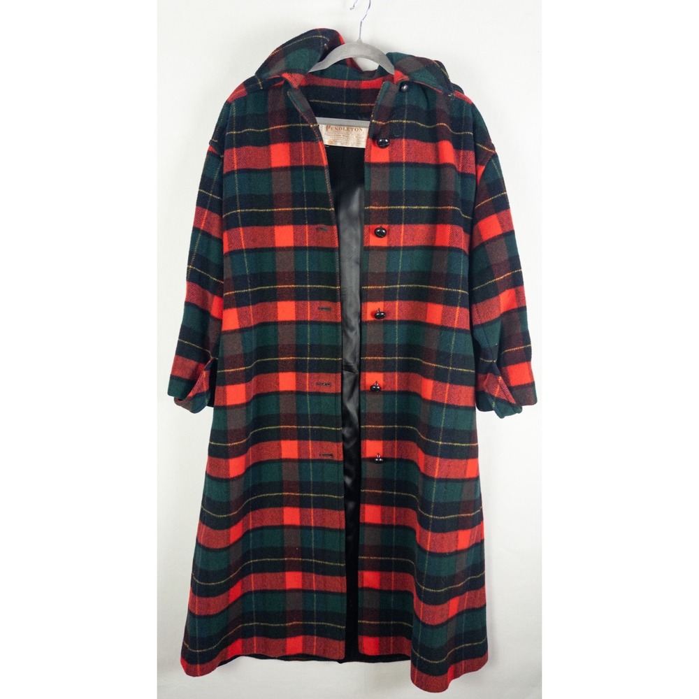Vintage Pendleton Womens Hooded Wool Coat Red Green Tartan Plaid Long USA 6